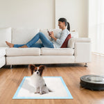 Small dog standing on a training pad in a living room while a pet owner relaxes nearby