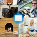 Dog training pads shown in a pet carrier, car, dog house, and home